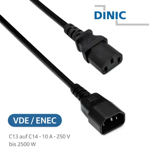 DINIC Kaltgeräte-Verlängerung C13 Stecker auf C14 Buchse, VDE, 0,75mm² schwarz, 0.75m